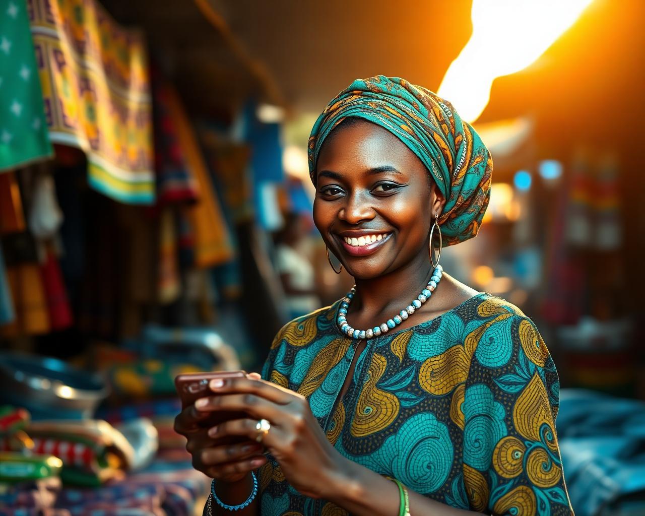 Entrepreneure guinéenne épargnant avec son téléphone au marché